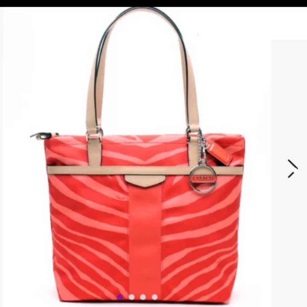 COACH Hot Coral Signature stripe zebra tote bag